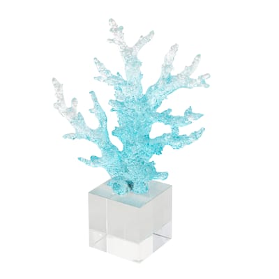 Blue Glass Ombre Coral Decorative Sculpture with Clear Square Base