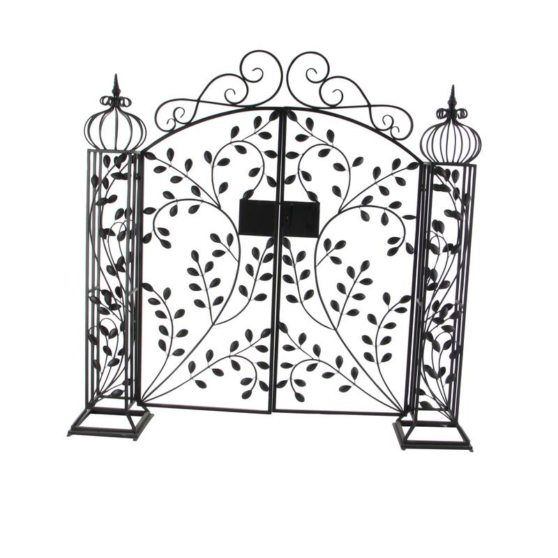 Black Metal Indoor Outdoor Scrollwork Arched Gate Garden Arbor with Vines and Latch Lock Closure