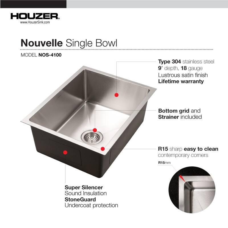 Houzer Nouvelle 23-1/16" Undermount Single Basin Stainless Steel