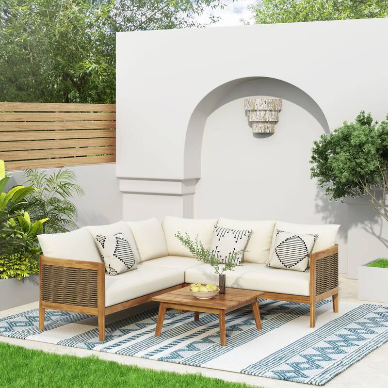 Burchett Outdoor Acacia Wood and Round Wicker 5 Seater Sectional Sofa Chat Set with Cushions by Christopher Knight Home - Teak/Mixed Brown/Beige