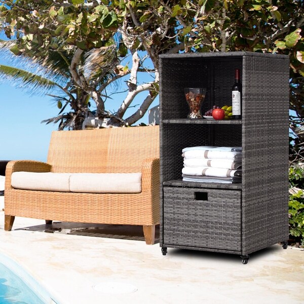 Kinbor Outdoor Pool Towel Rack Waterproof Rattan Storage Cabinet Organizer w 2 Storage Shelves Drawer for Patio Hot Tub Grey