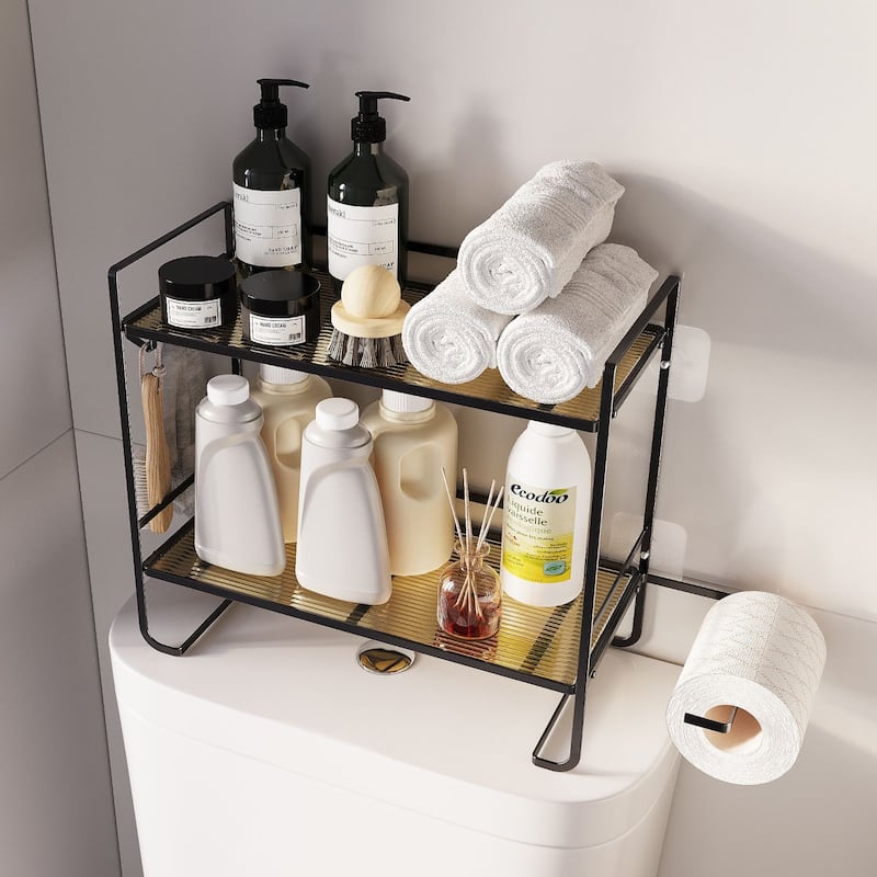 Over The Toilet Storage Shelf, 2-Tier Large Capacity Bathroom Storage Organizer With Paper Holder And 2 Hooks