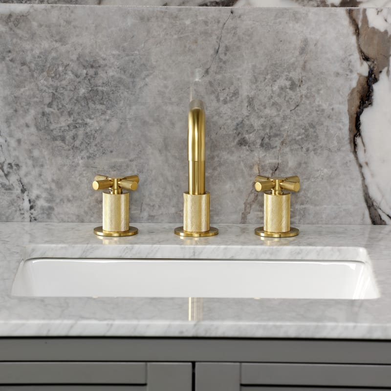 Kingston Brass Convergent Two-Handle 3-Hole Deck Mount Widespread Bathroom Faucet with Push Pop-Up Drain