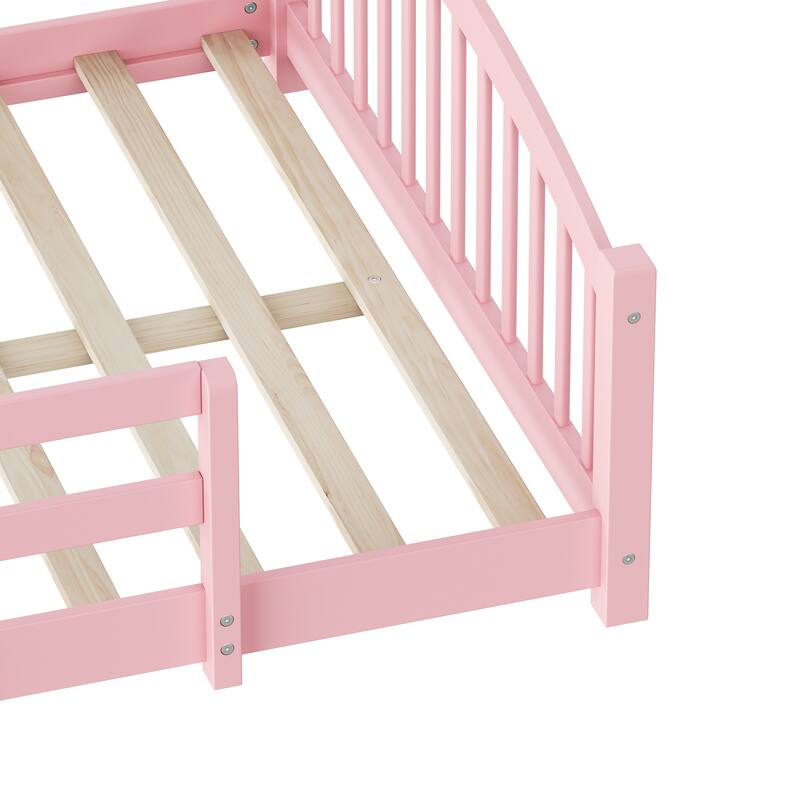 Solid Wood Floor Bed Montessori Bed with Safety Guardrails Without Door