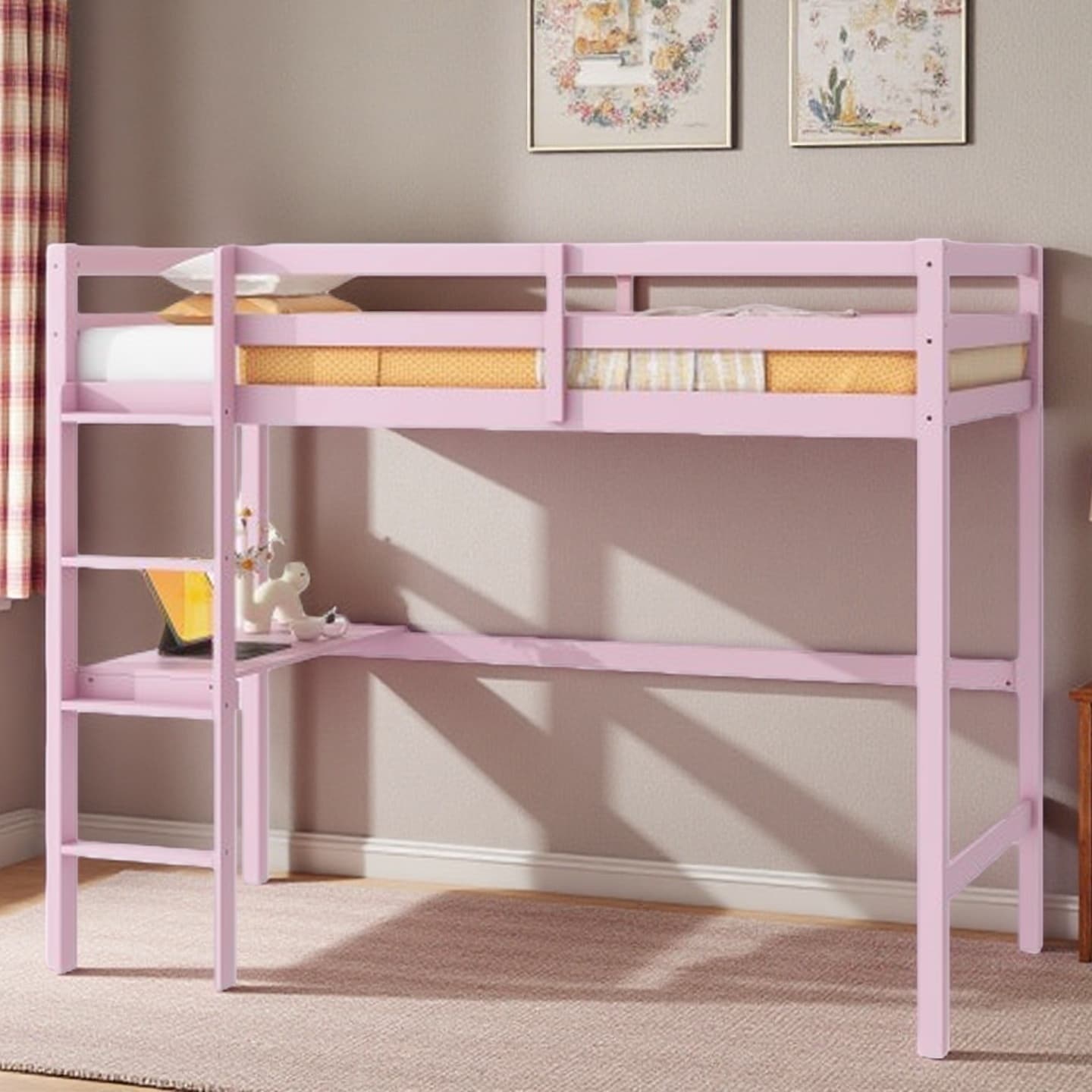 Twin High Loft Bed with Built-in Desk, Safety Guardrails, Ladder, and Rubber Wood Frame