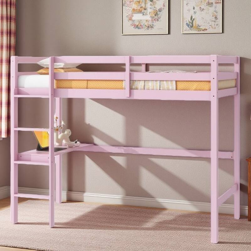 Twin High Loft Bed with Built-in Desk, Safety Guardrails, Ladder, and Rubber Wood Frame - Pink