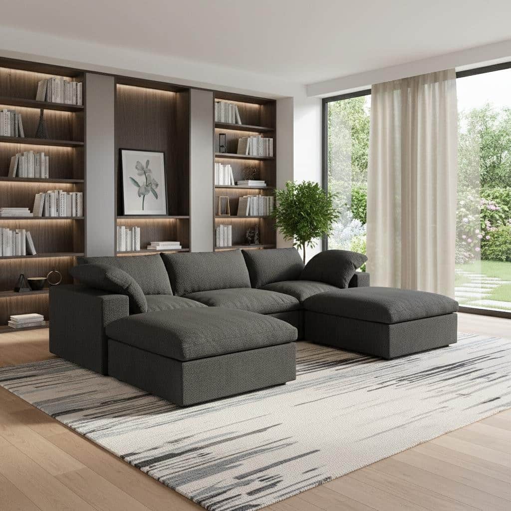 HomeRoots 120" Black Linen Blend Modular Sofa With Ottomans Toss Pillows And Storage