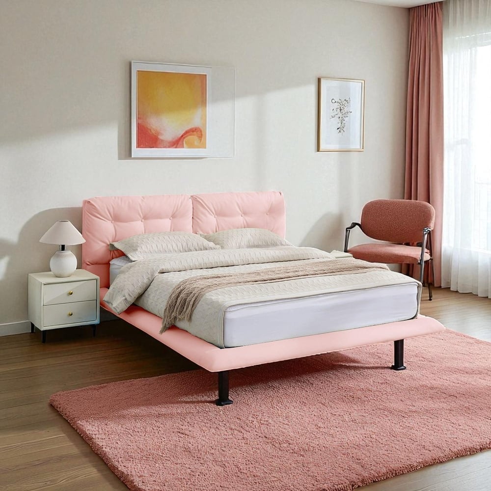 Queen Floating Upholstered Platform Bed Frame with LED Lights, PU Leather, Button Tufted Headboard, No Box Spring