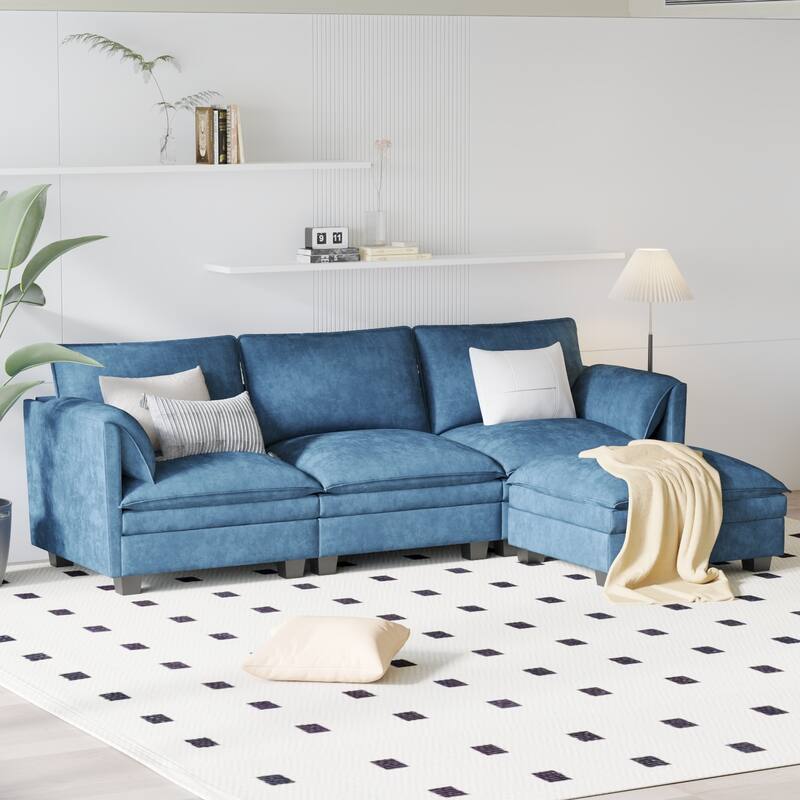 L-Shaped Sectional Sofa with Movable Ottoman, Fabric Upholstered 3 Seater Sofa, Deep Seat Sofa with Side Pockets