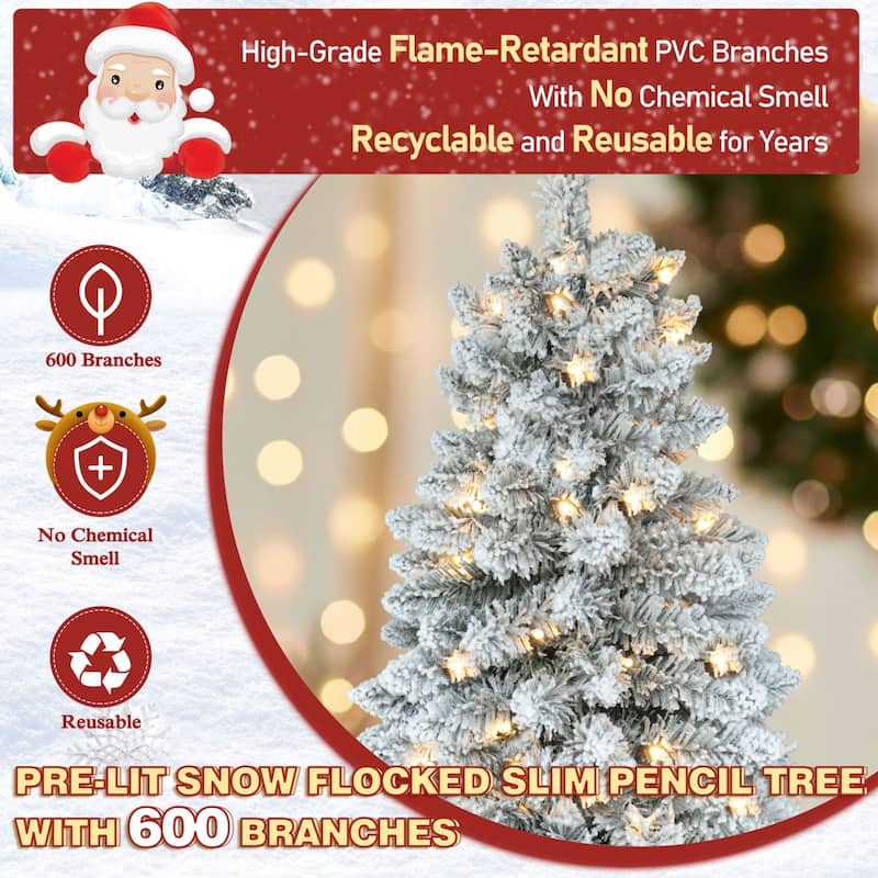 VEIKOUS Pre-Lit Artificial Christmas Tree Pencil Snow with Foldable Iron Stand with LED lights, 5.5/6.5/7.5 ft