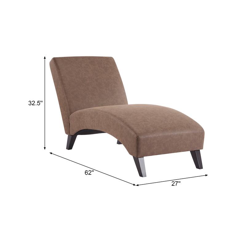 Roomfitters Modern Faux Leather Chaise Lounge with Curved Seat and Angled Wood Legs, Dark Coffee