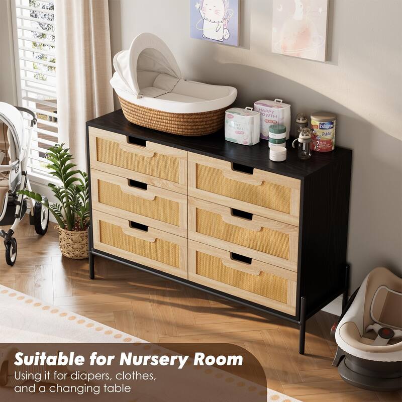5/6 Drawer Dresser for Bedroom, Natural Rattan Modern Wooden Dresser, Farmhouse Storage Cabinet Chest