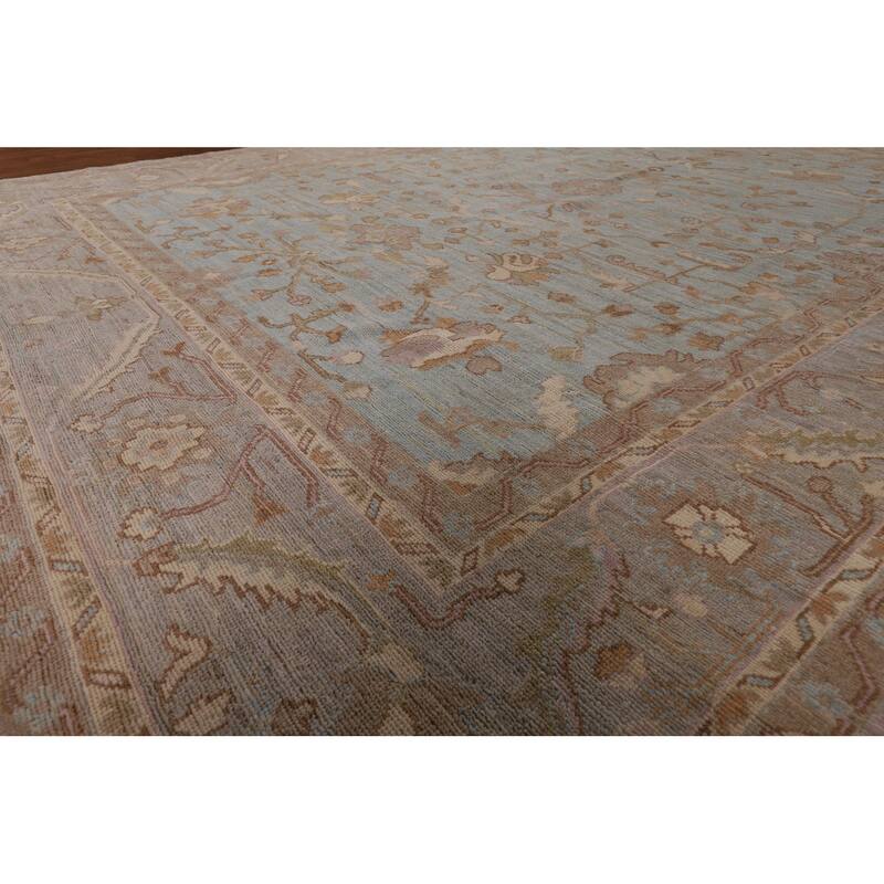 Light Blue Vegetable Dye Oushak Turkish Rug Hand-Knotted Wool Carpet - 9'1" x 11'11"
