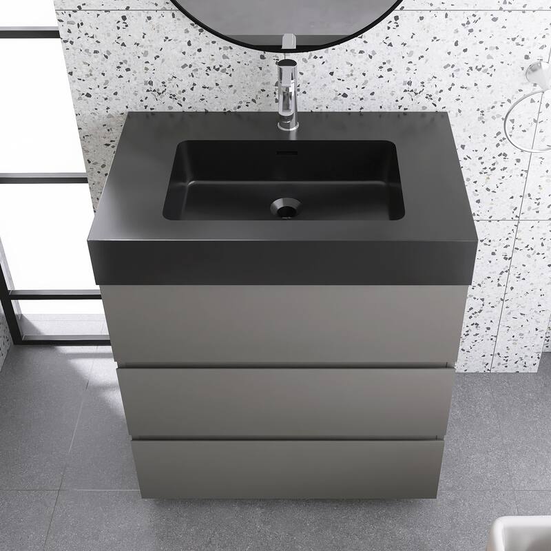 Freestanding Bathroom Vanity with Black Solid Surface Top