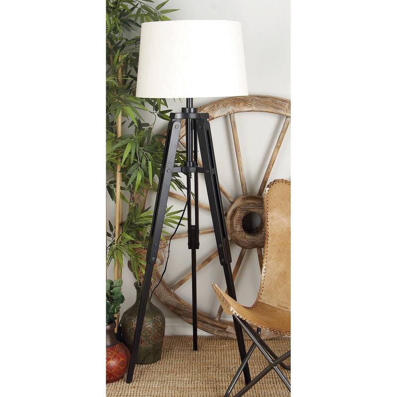 Black Wood Tripod Room Floor Lamp with Cream Linen Shade