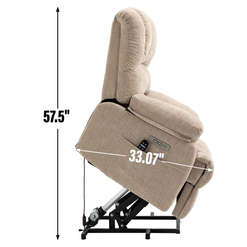 Large Size Dual Motors Power Lift Recliner with 8 Point Massage, Lumbar Heating, USB Ports and Side Pockets