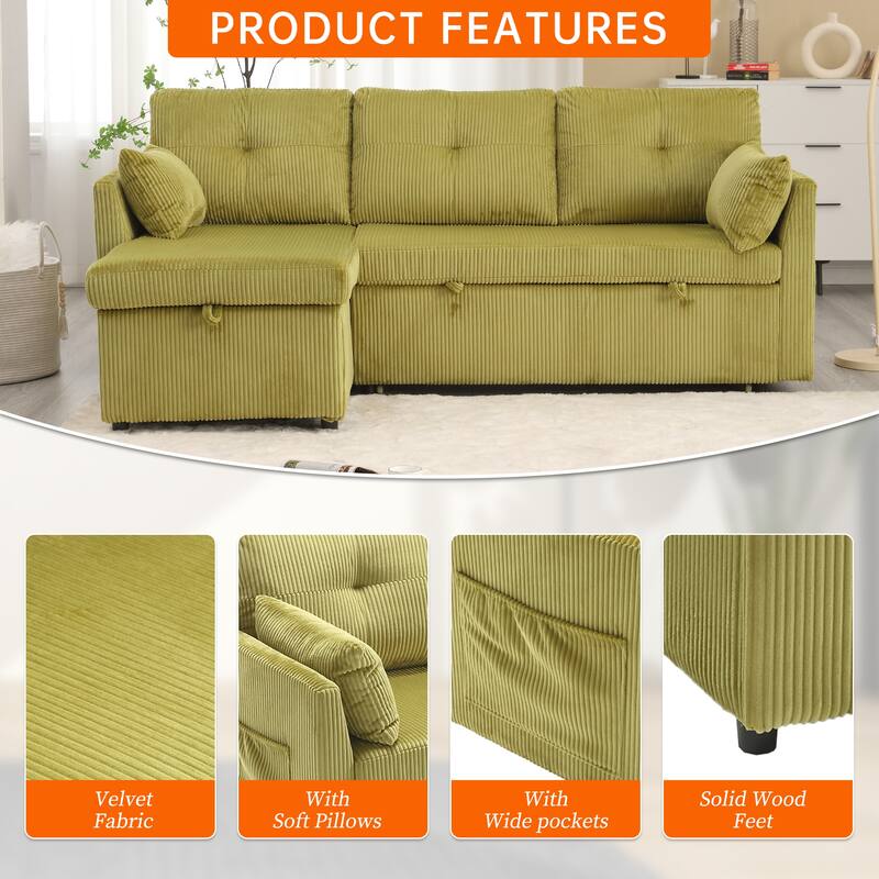 Corduroy/Chenille Upholstered L-Shaped Storage Reversible Chaise Sectional Sofa with Side Pocket