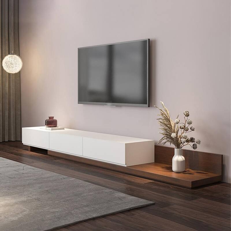 Modern Extendable TV Stand, Solid Wood Media Console for Up to 100 Inch TV with 3 Drawers, Fully-Assembled, Walnut Veneer - 78.74"-3 Drawers - Dark Wood & White