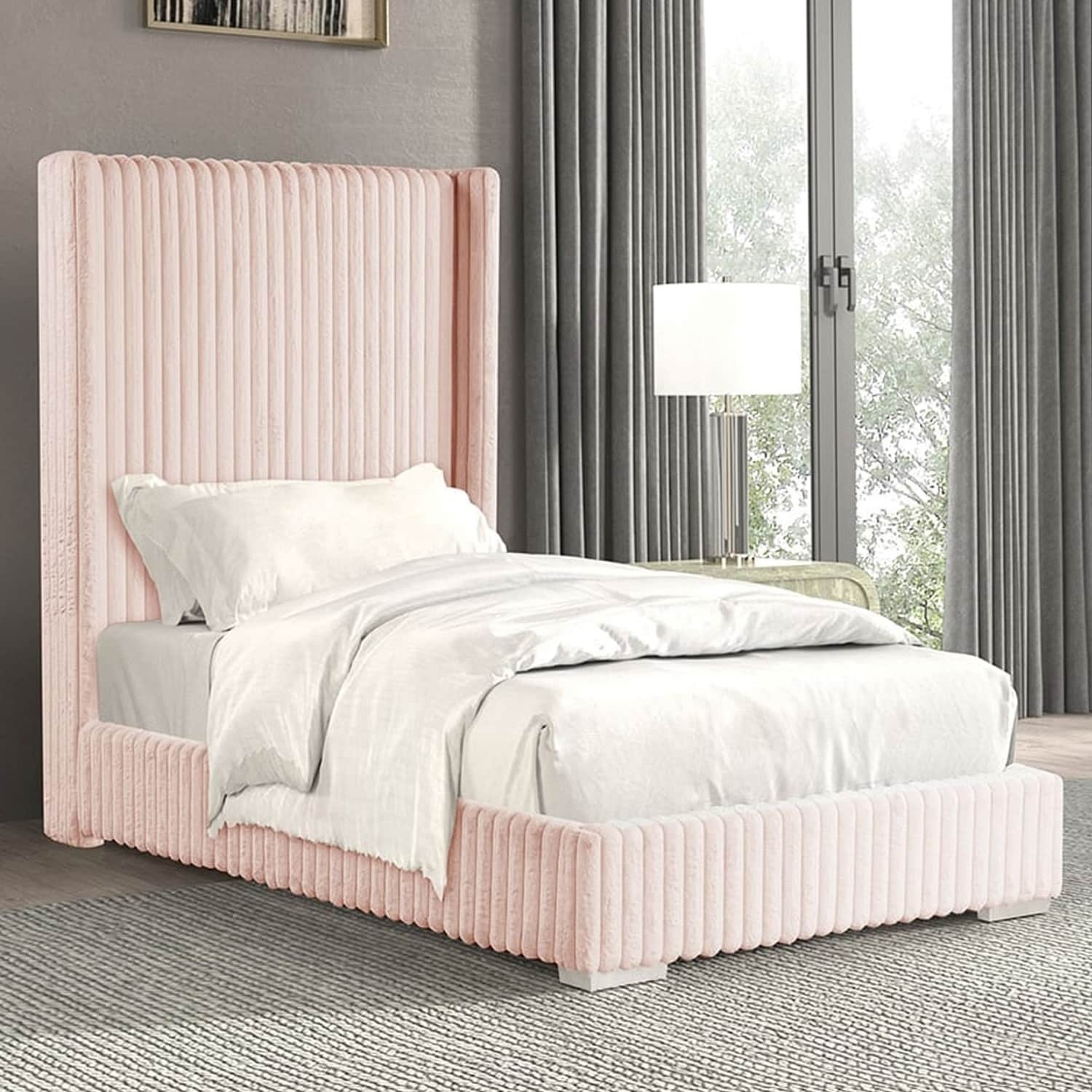 Chenille Fabric Upholstered Bed with Wingback Headboard