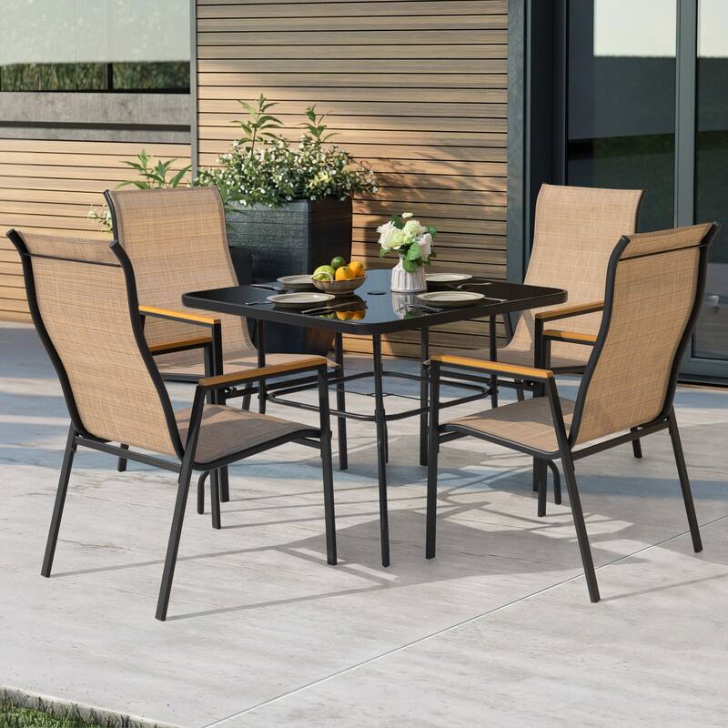 5-Piece Textilene Patio Dining Set with Umbrella Hole, Stackable Design