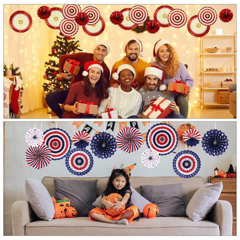 Hanging Paper Fans Set Paper Decorations for Party Red Color 8pcs