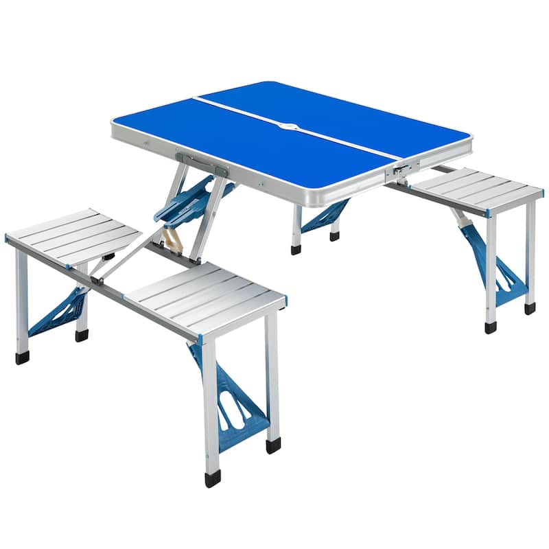Outdoor Aluminum Suitcase Portable Folding Picnic Table with Bench & Umbrella Hole - Ocean Blue 