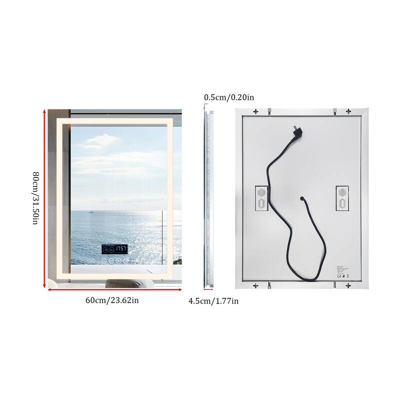 Smart LED Illuminated Fog-free Large Bathroom Mirror with Bluetooth Speakers, Digital Display