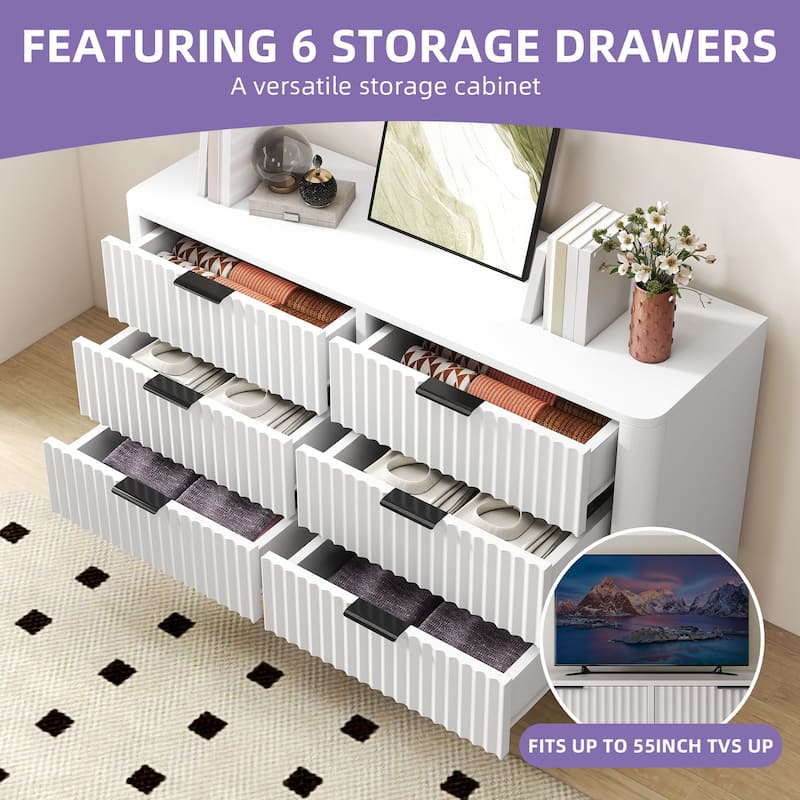 6 Drawer Wood Dresser with Wave Fluted Panel Storage Organizer for Bedroom