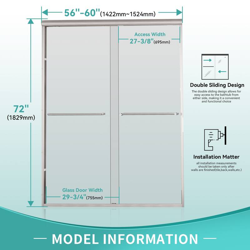 i-Homare 56-60 in. W x 72 in. H Semi-Frameless Bypass Sliding Shower Door