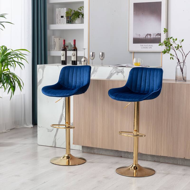2 Velvet Bar Stools with Chrome Footrest and Base Swivel Height Adjustable - N/A