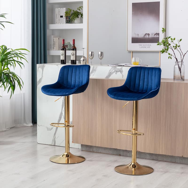 Velvet Bar Stools Set of 2, Swivel Bar Stools with Adjustable Height, Kitchen Island Stools with Footrest and Golden Leg