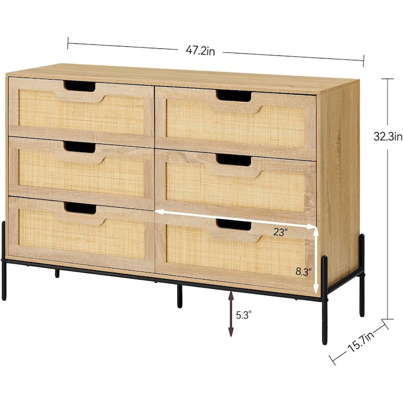 Rattan 6 Drawers Dresser, Double Dresser for Bedroom