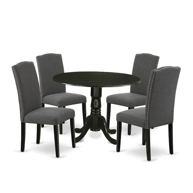 Round Kitchen Table Set 5pc 42" Table w/ Drop Leaves & 4 Parsons Chairs - Dark Gotham Grey