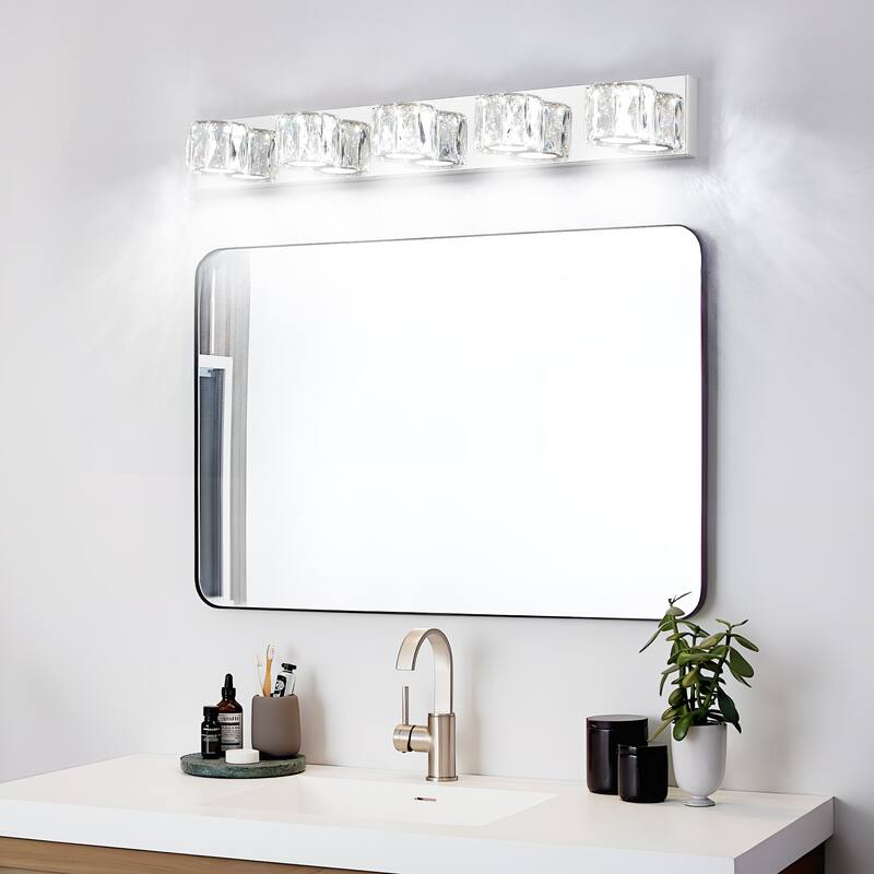 35" Modern Crystal 5-Light LED Wall Sconce - Elegant Chrome Bathroom Vanity Light with Clear Crystal Shades