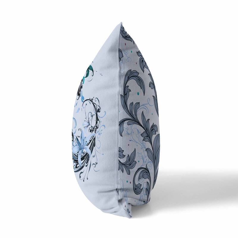 Skyblue And Black Petal and Swirl Indoor/Outdoor Throw Pillow Zipper