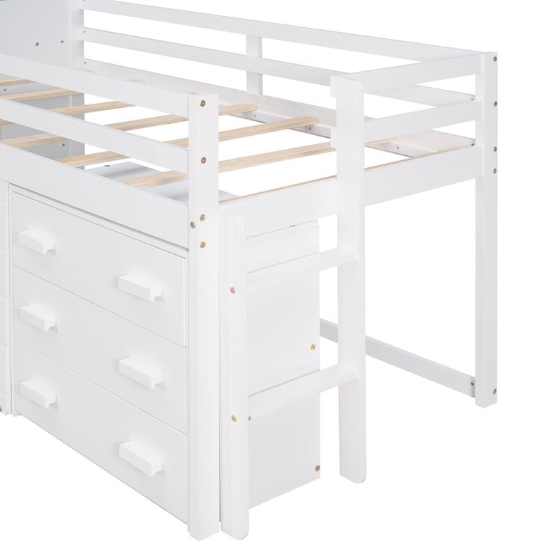 Compact Twin Loft Bed with Cabinet, Shelf, and Storage Drawers in White, Gray, or Espresso
