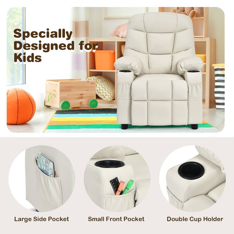 Costway Kids Youth Recliner Chair PU Leather w/Cup Holders & Side