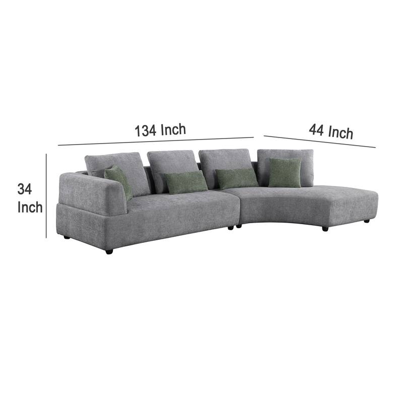 Sectional Sofa, 134 Inch, Classic Gray Fabric, 4 Accent Throw Pillows