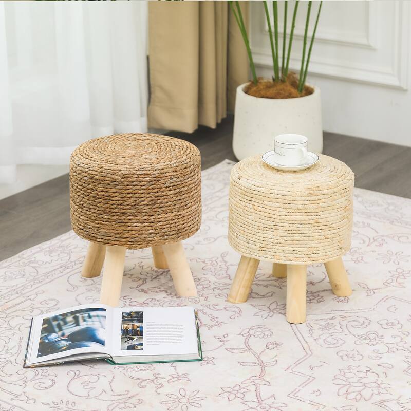 Adeco Set of 2 Ottomans Natural Cattail Hand Weave Round Foot Stool