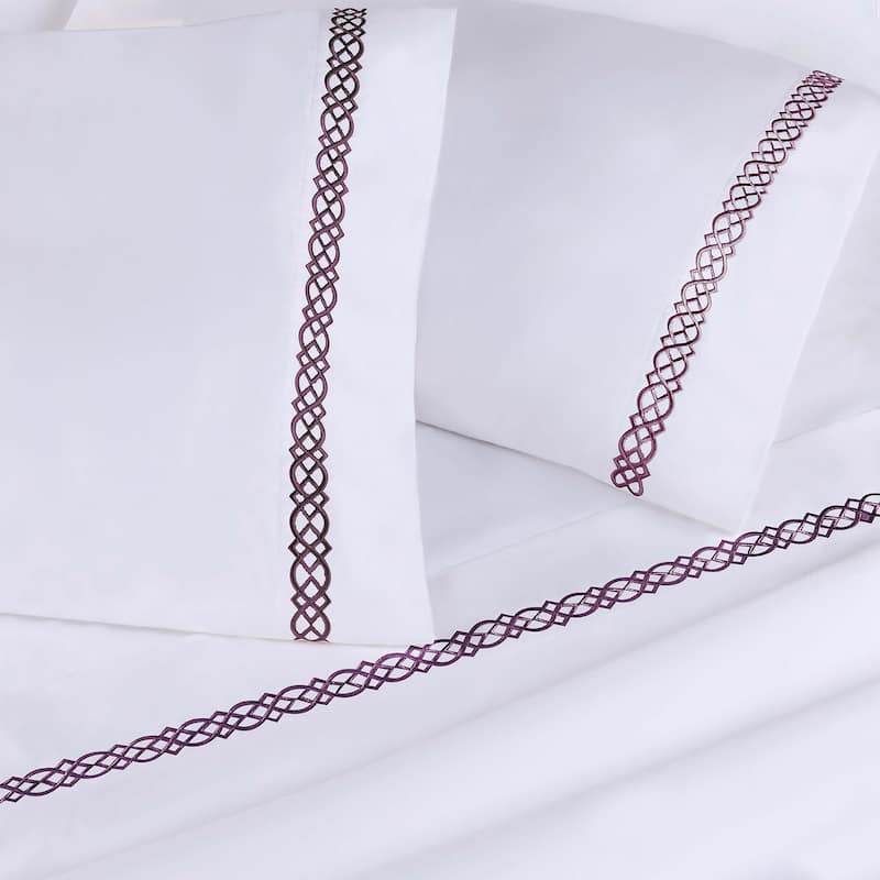 Superior Egyptian Cotton 1000 Thread Count Embroidered Scroll Pillowcases (Set of 2) - King - White-Plum