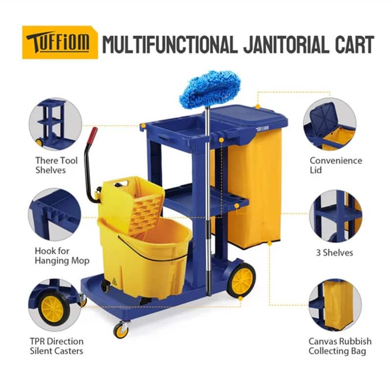3 Tier Shelf Janitorial Cart Small 500lbs Capacity Commercial Cleaning Cart