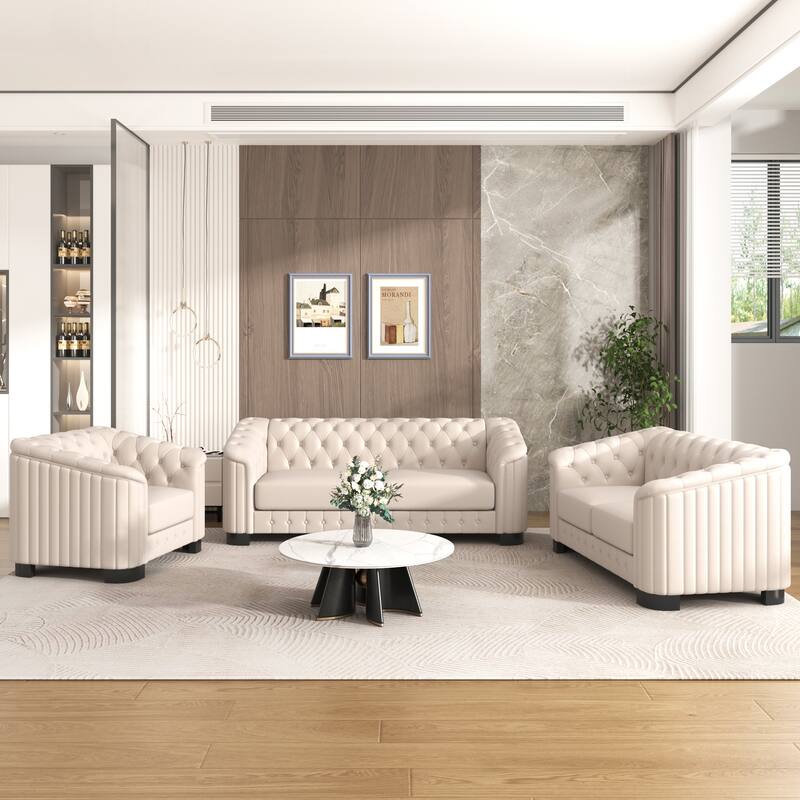 3-Piece 6-Seat Velvet Sofa Set (3+2+1) with Tufted Back & Rubber Wood Legs - Beige