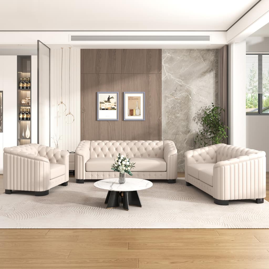 3-Piece 6-Seat Velvet Sofa Set (3+2+1) with Tufted Back & Rubber Wood Legs