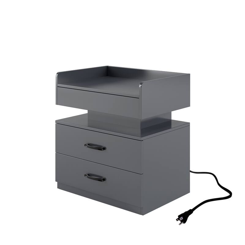 1 Set Nightstand with Adjustable LED Strip Light, 2-Drawers, Large Storage Space