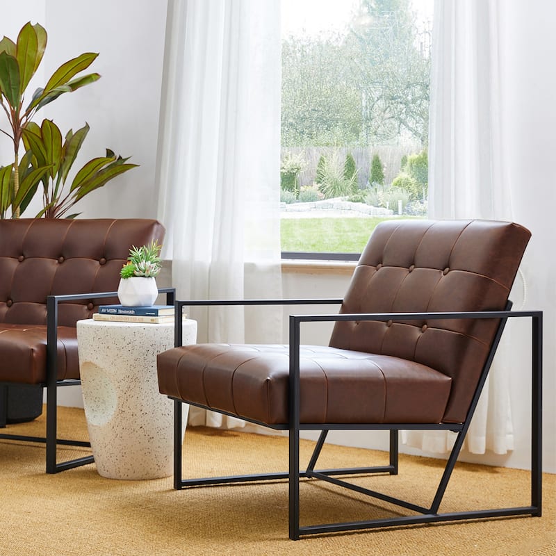 Glitzhome 29.50"W Mid-Century PU Leather Tufted Accent Chair - 29.5"W x 30.5"H x 29.25"D