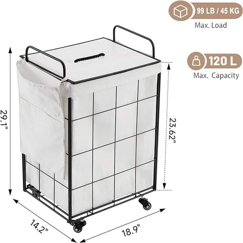 120L Laundry Basket with Heavy Duty Rolling Wheels - 18.9"L x 14.2"W x 29.1"H