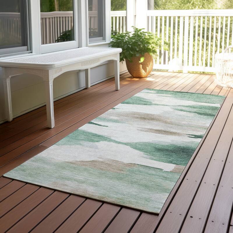 Machine Washable Indoor/ Outdoor Abstract Watercolor Chantille Rug - Green - 2'3" x 7'6"