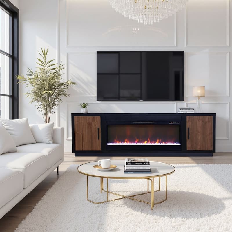 Bridgevine Home Aria 83 inch Fireplace TV Stand for TVs up to 95 inches, Minimal Assembly, Black and Walnut Finish