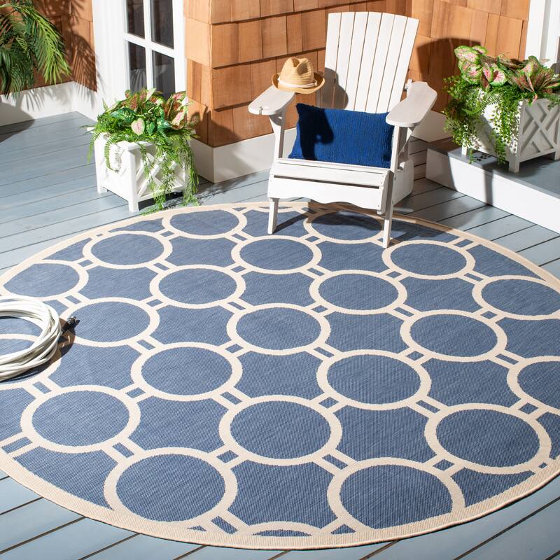 SAFAVIEH Courtyard Sweta Indoor/ Outdoor Waterproof Patio Backyard Rug - 7'10" Round - Blue/Beige