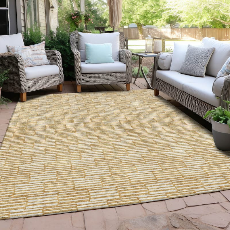 Machine Washable Indoor/ Outdoor Chantille Stripe Blocks Rug - Gold - 10' x 14'